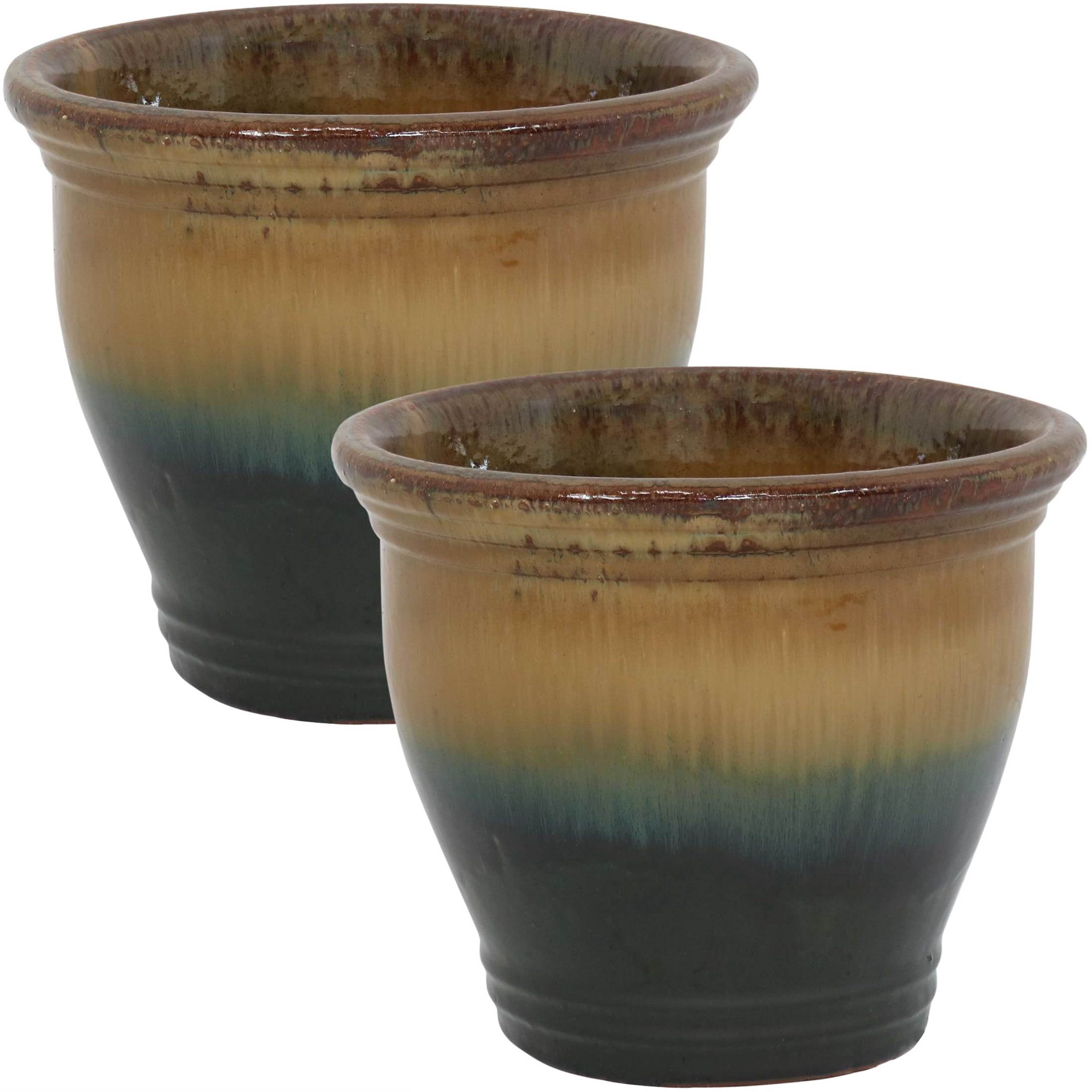 Sunnydaze Studio 11.5" x 11.5" x 10" Round Forest Green Ceramic Outdoor Planter 2-Count