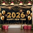 thumbnail image 3 of Gold Theme Happy New Year Banner Sparkling Design 2026 New Year Display Golden Balloons Firework Elements New Year Celebration Backdrop for New Year Party Holiday Celebration New Year Eve Event, 3 of 9