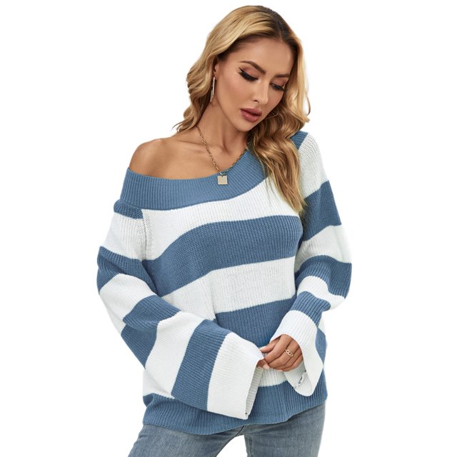 WIPONKEN Womens Sweaters Crew Neck Off Shoulder Style Loose Oversize White-Blue Stripes Ladies Sweater for Winter&Fall 30% Wool Soft Pullover Tops Fasional Sweater