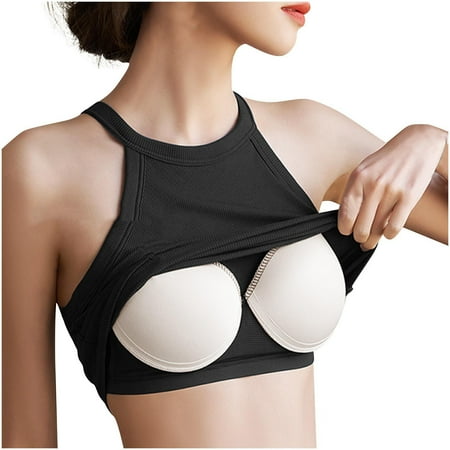 Women s Crop Sport Tank Top with Built in Bra Knitted Cotton Halter Neck Tank Sleeveless Backless Crew Neck Tank Top Summer Short Gym Yoga Vest