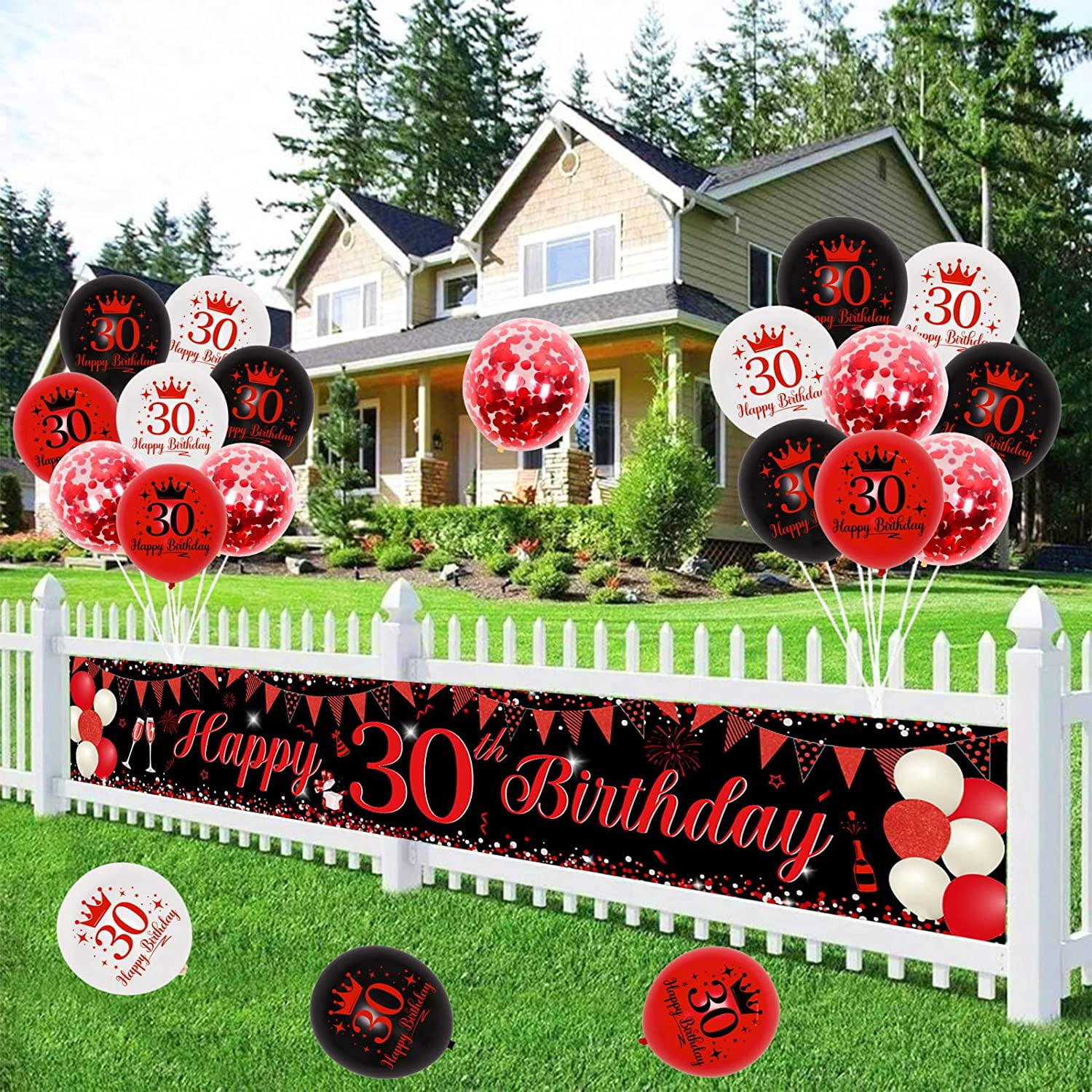 30th Birthday Decorations Red and Black for Men Women, 30 Birthday Party Supplies with Happy 30th Birthday Yard Banner 9.8 x 1.6ft Confetti Foil Balloons Triangle Flag for 30th Birthday Party Decor