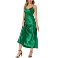 thumbnail image 4 of CURVOSPORT Women's Satin Cami Dress Spaghetti Straps V Neck Elegant Maxi Slip Dresses S Dark Green, 4 of 6
