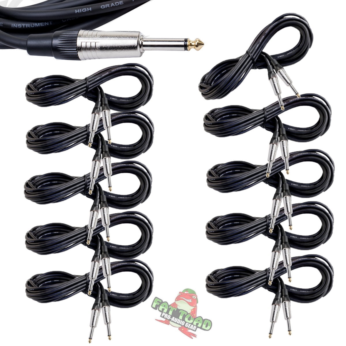 Guitar Cables (10 Pack) Instrument Cord by Fat Toad 24 AWG Patch Conductor for Electric Guitar, Bass, Amplifier, Speaker, Keyboard & Recording Studio Shielded 20FT 1/4 Inch Gold Straight-End Wires