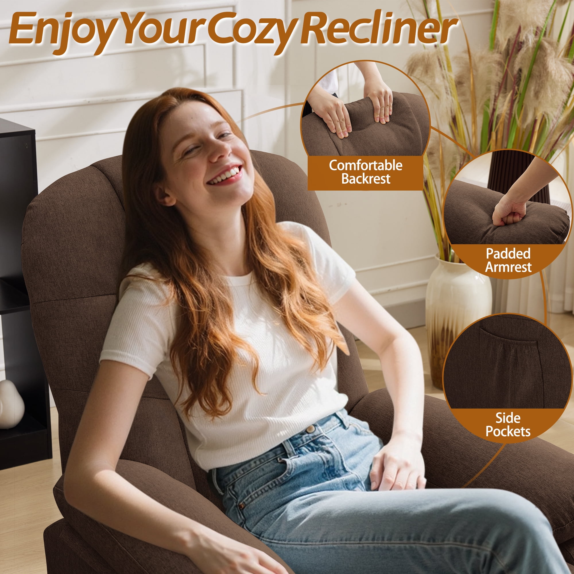 Korser Manual Swivel Rocker Recliner Chair for Living Room,Small Recliner Sofa for Small Spaces,Linen Fabric,Brown