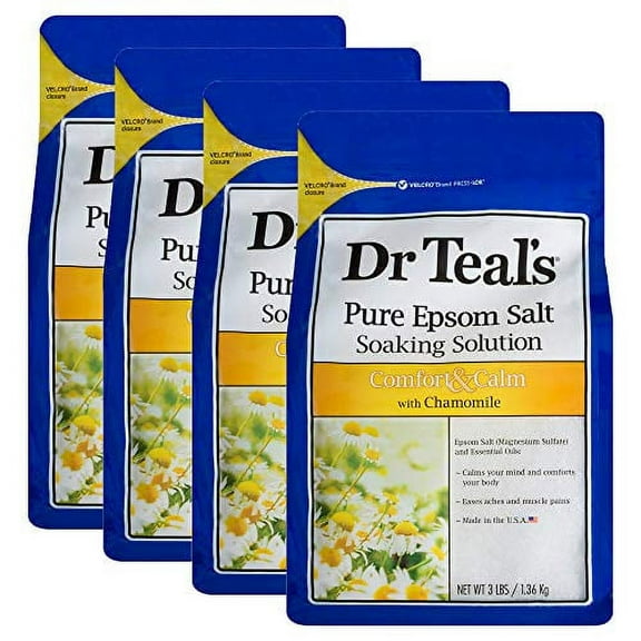 Dr. Teal's Comfort & Calm Bath Soak Gift Set (4 Pack, 3lbs Ea.) - Chamomile Essential Oils Blended with Pure Epsom Salt - Calm Your Mind & Body, Ease Aches & Pains - at Home Spa Kit