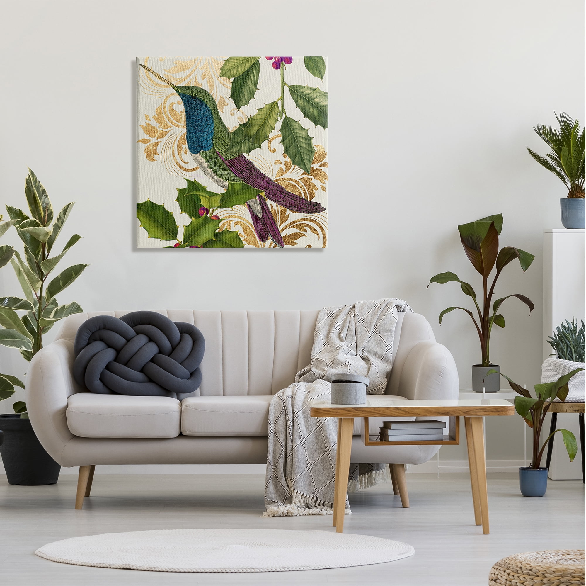 Stupell Industries Curious Hummingbird Golden Pattern Winter Holly Bird,30 x 30, Design by Daphne Polselli