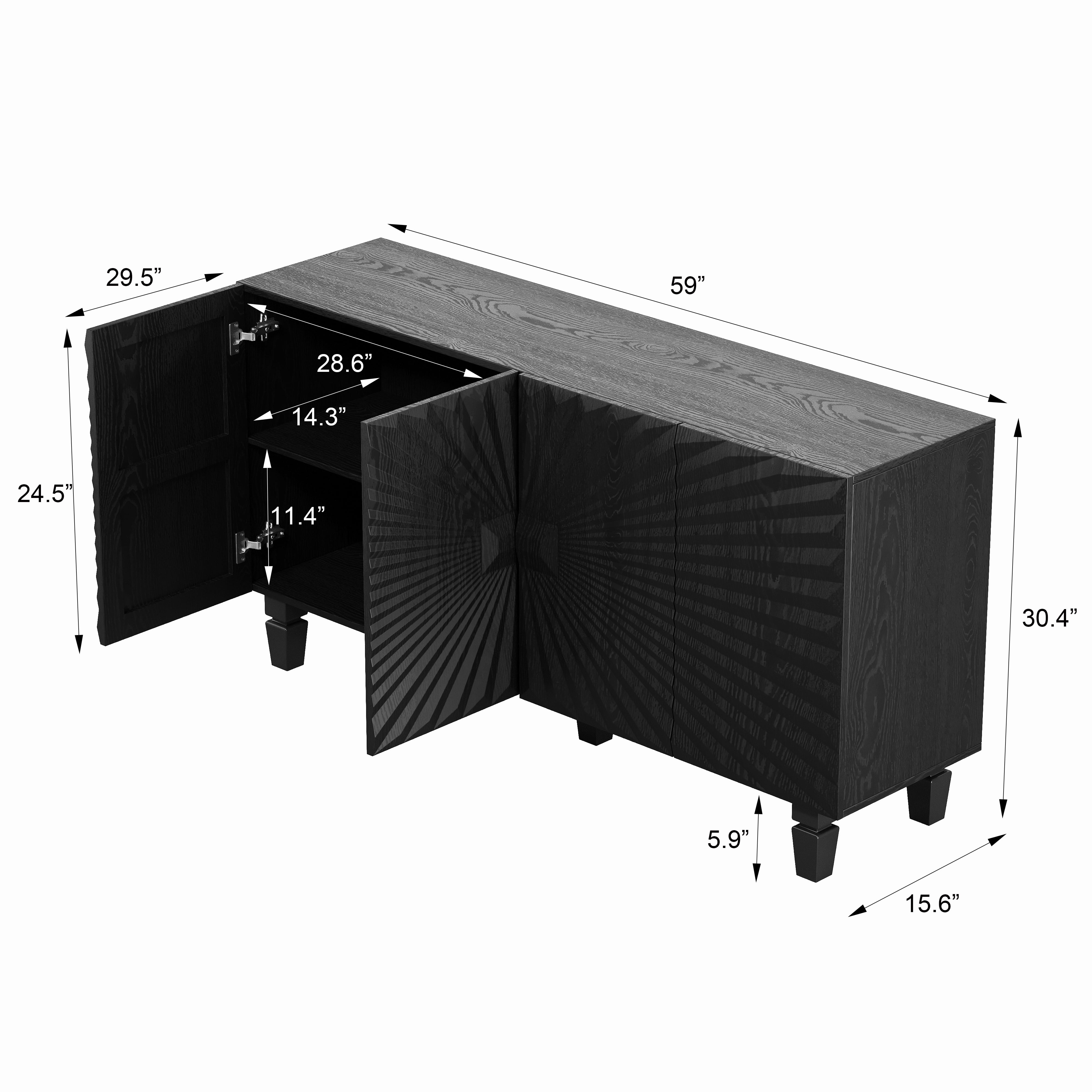 Homy Casa 59 in Modern Sunburst Sideboard Buffet Cabinet, 4-Door Storage Credenza, Black