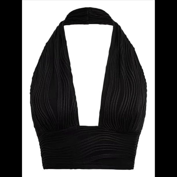 Chaleco Sin Mangas con Cuello en V Profundo para Mujer, de Verano, con Cuello Halter y Espalda Descubierta Negro L