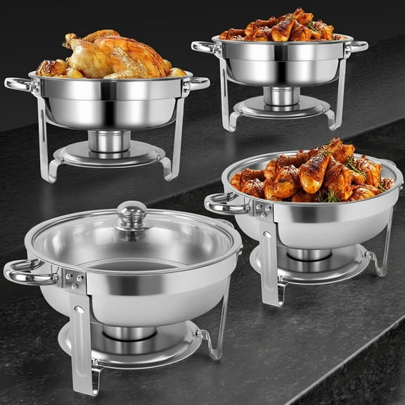 Jacgood 4-Pack Chafing Dish Buffet Set, 6QT Round Buffet Servers and Warmers Set, Stainless Steel Catering Food Warmer with Glass Lid for Weddings