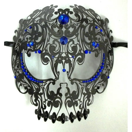 Black Skull Metal Laser Cut Masquerade Prom Mask Blue Crystals