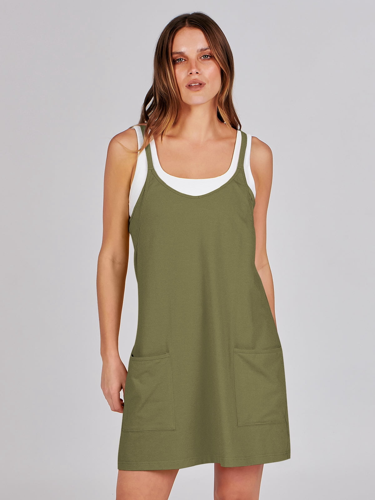 ANRABESS Athletic Dress for Women Tennis Dress with Shorts Summer Active Workout Romper Dress Sleeveless Spaghetti Strap Mini Dress Casual Sundress Vacation Outfits Army Green L