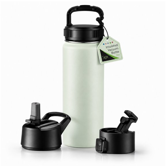 SipX™ 18 oz Insulated Water Bottle with 3 Lids – Leakproof Stainless Steel, Triple Insulated – Green