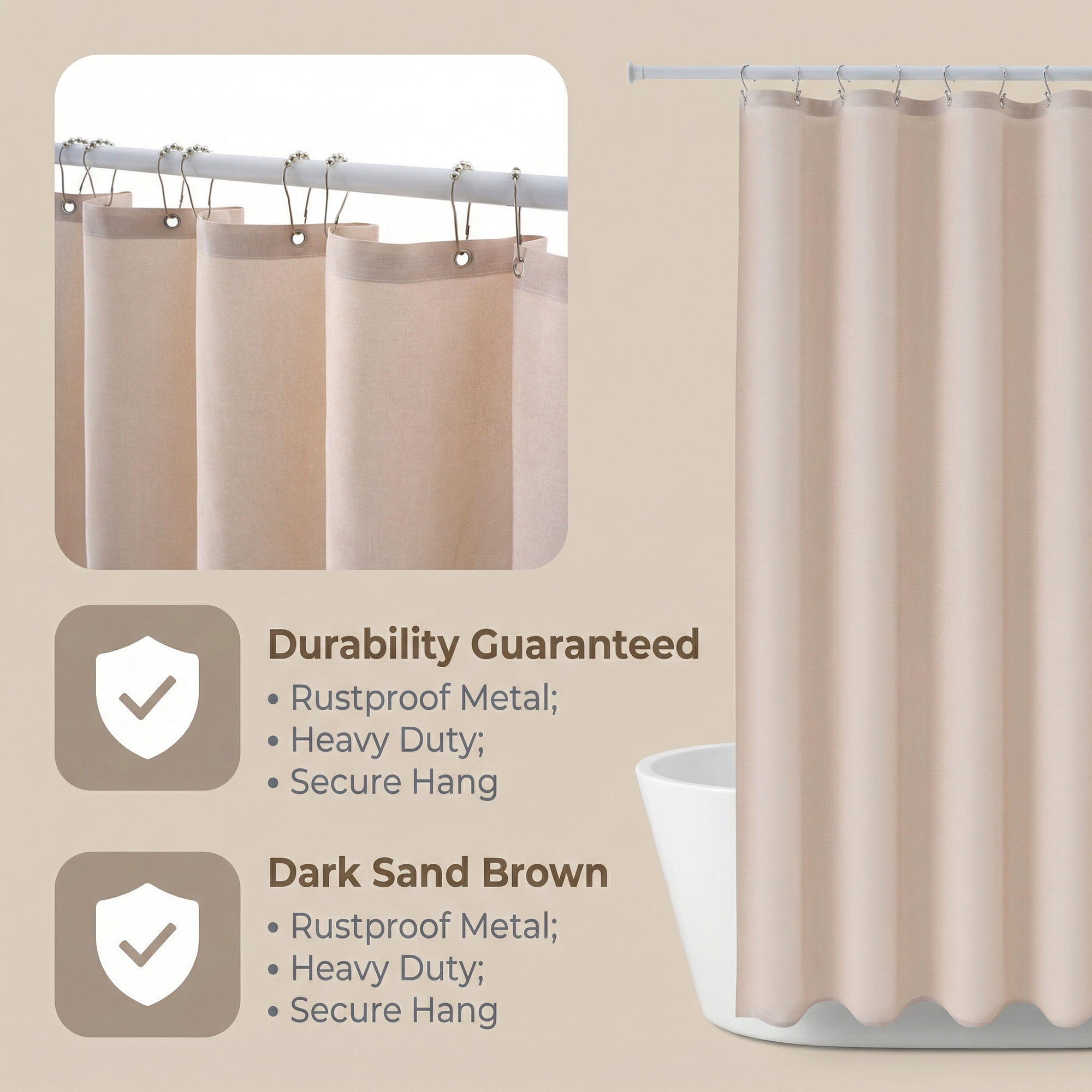 Unique Bargains Faux Linen Solid Bath Curtain Sets with Hooks Beige 71"W x 71"L