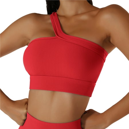 

harmtty Women Sports Bra One Shoulder Beautiful Back Full Cup Ladies Wire Free Ribbed Brassiere for Gym Running Fitness Red