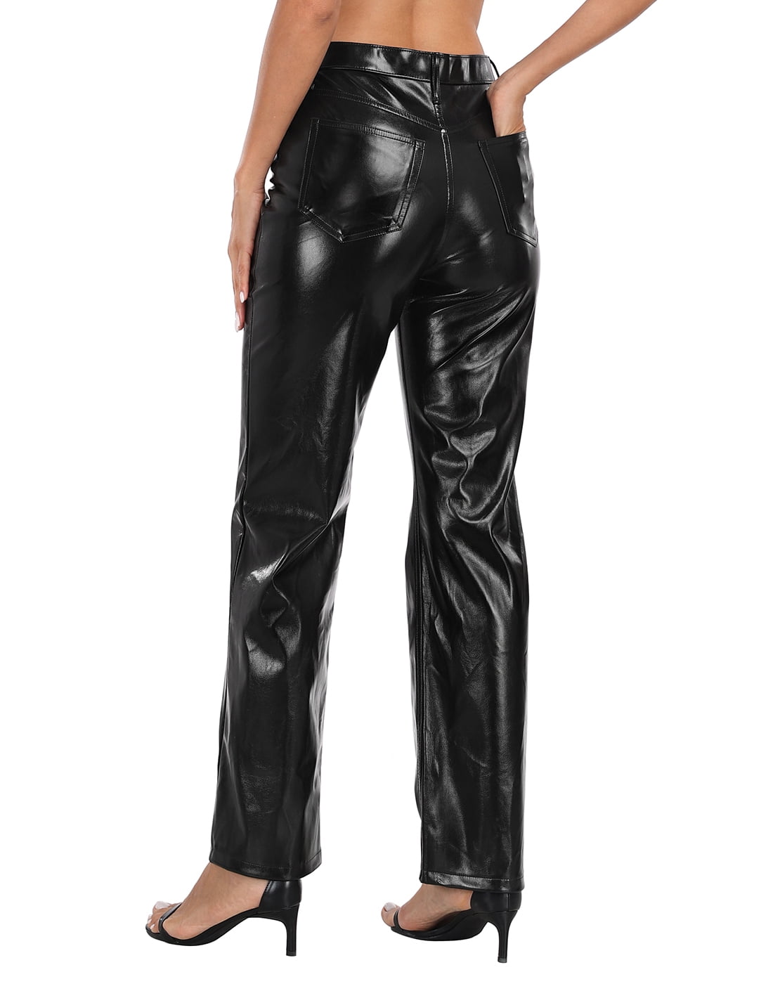 HDE Women's Metallic Faux Leather Pants High Waisted Trousers Black 16