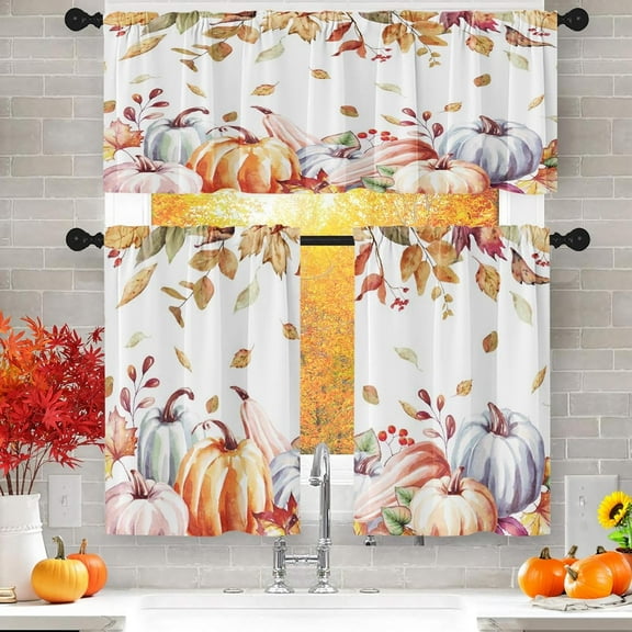 Fall Leaves Floral Kitchen Curtains with Valance and Tier Sets 36 Inch, 3 Pieces Autumn Pumpkin Leaf Rod Pocket Drapes Window Treatment Curtains for Kitchen Over Sink Dining Room Decor
