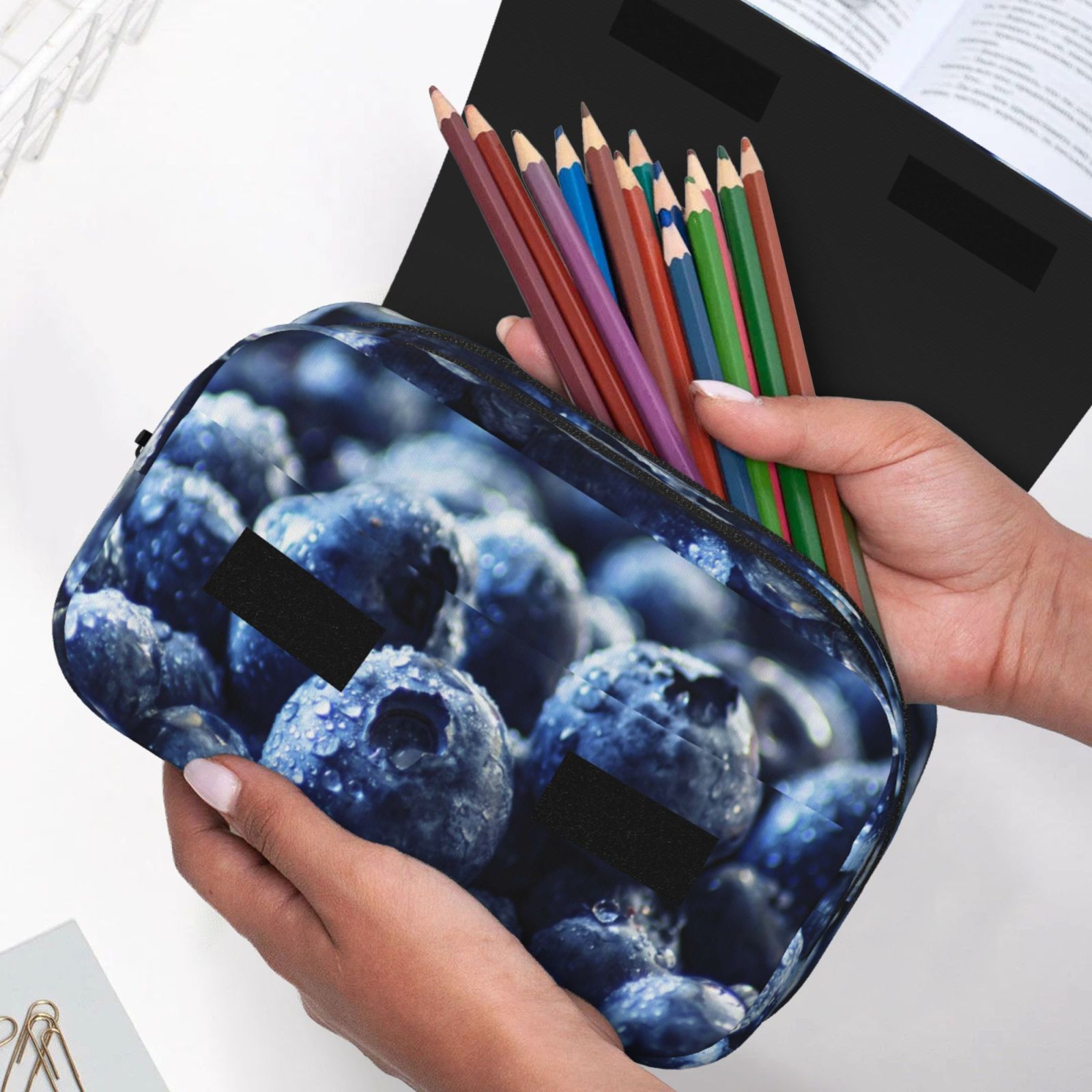 Rateoe Blueberry Pattern Double Clamshell Pen Case, Storage Organizer with Two Zipper Compartments– Holds Up to 50 Pencils & Pens