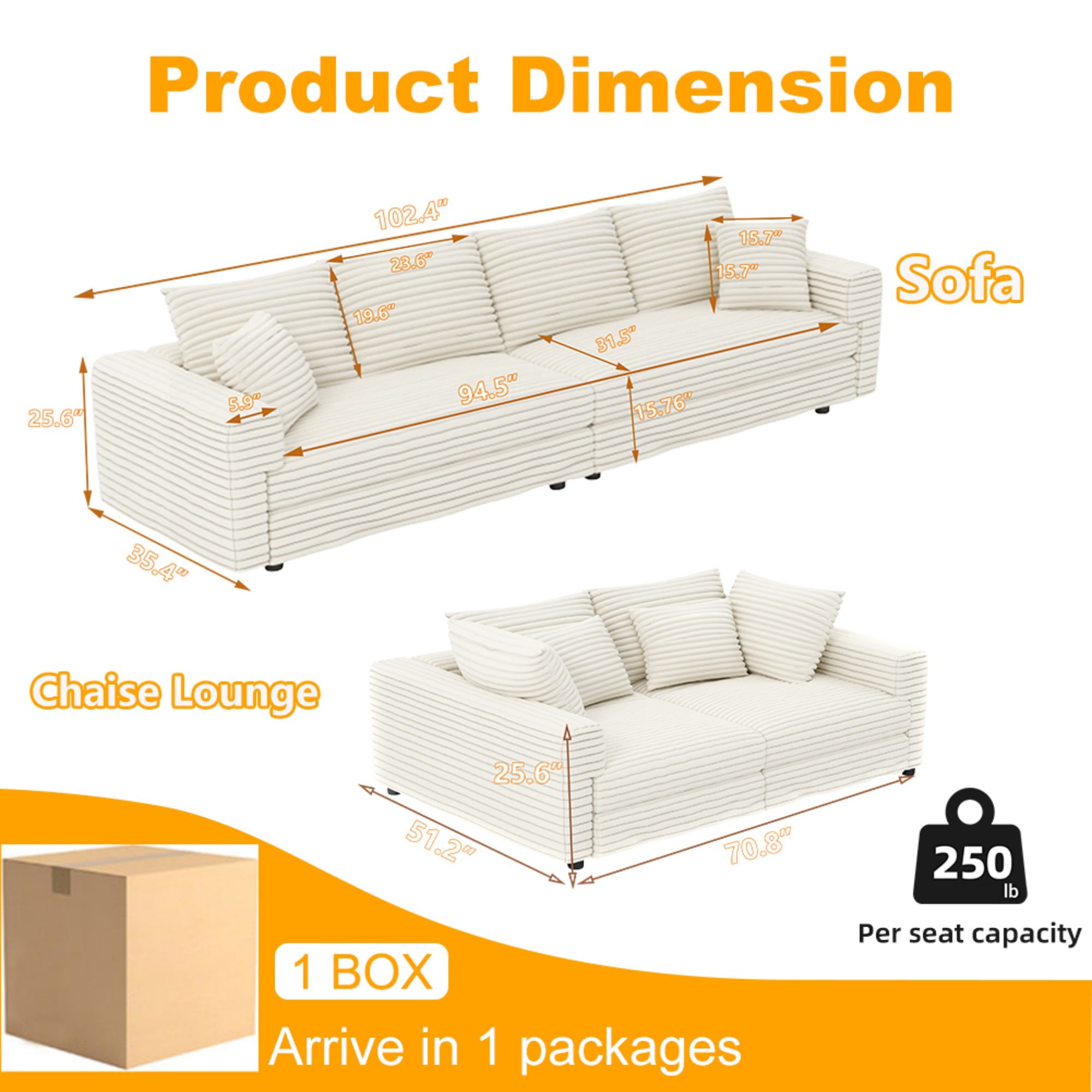 BSHTI 102.4" Corduroy 4 Seater Sofa with Soft Pillows, Deep Seat Modern Convertible Sofa for Living Room & Office(Beige)