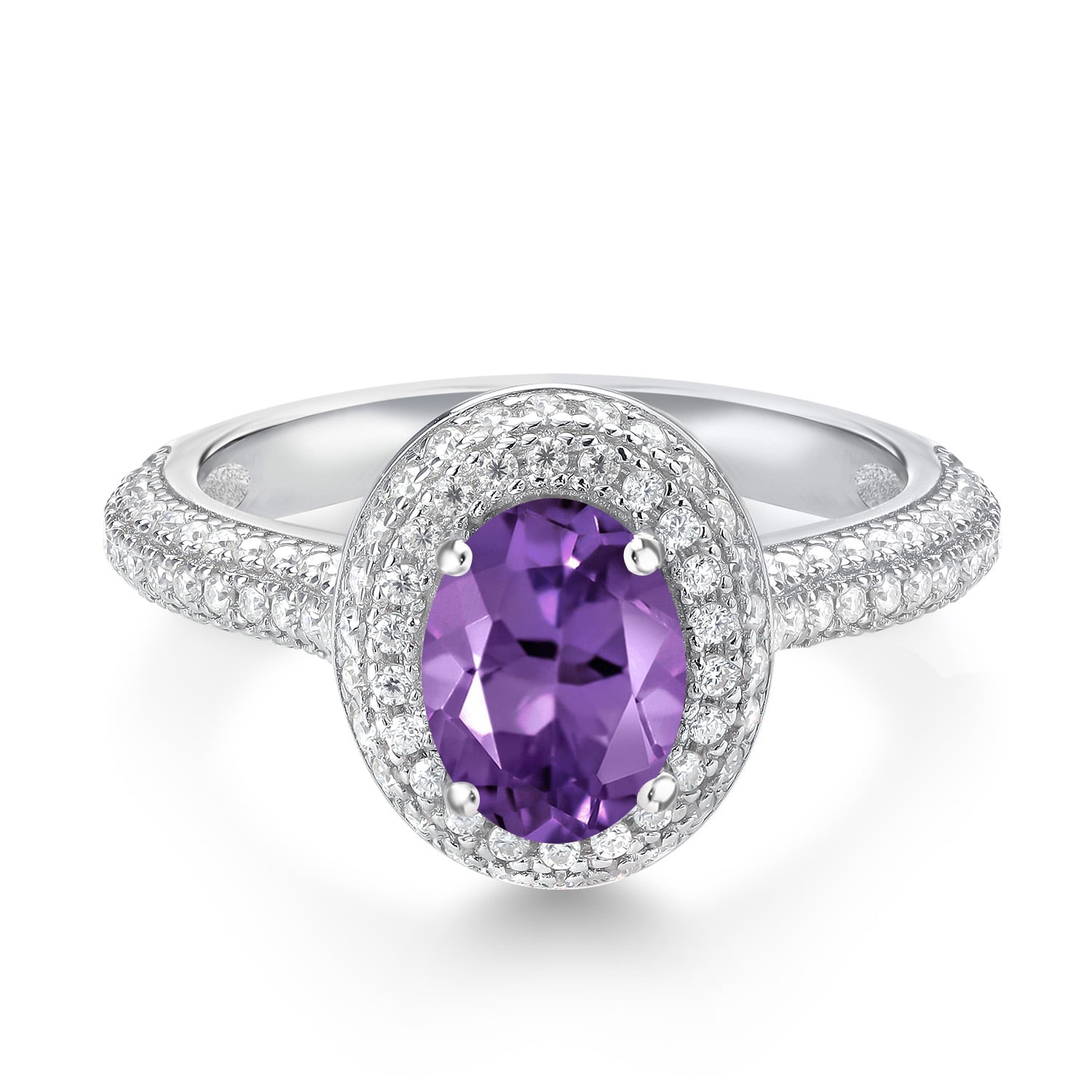 Gem Stone King 925 Sterling Silver Oval Purple Amethyst and White Moissanite Engagement Ring for Women (1.79 Cttw, Gemstone Birthstone, Available in Size 5, 6, 7, 8, 9)