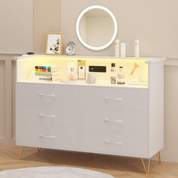 White Dresser with 6 Wide Drawers,Modern Wood Dresser with LED Light,Large Double Dresser for Hallway TV Stand