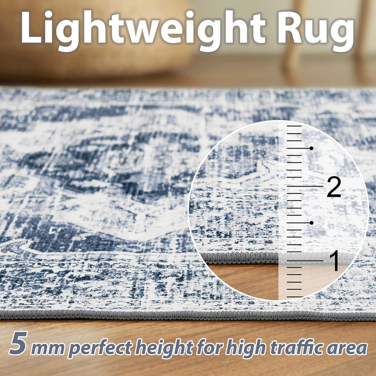 NICETOWN Washable Stain Resistance Area Rug for Living Room, 8'x10' Thin Non-slip Vintage Soft Foldable Carpet for Bedroom, Blue & Grey