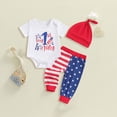 thumbnail image 2 of CAUYDY Infant Baby Boy First 4th of July Clothes American Flag Short Sleeve Romper Pants Hat 3-Pieces Outfits Set (Sizes 6-12 Months,White), 2 of 4
