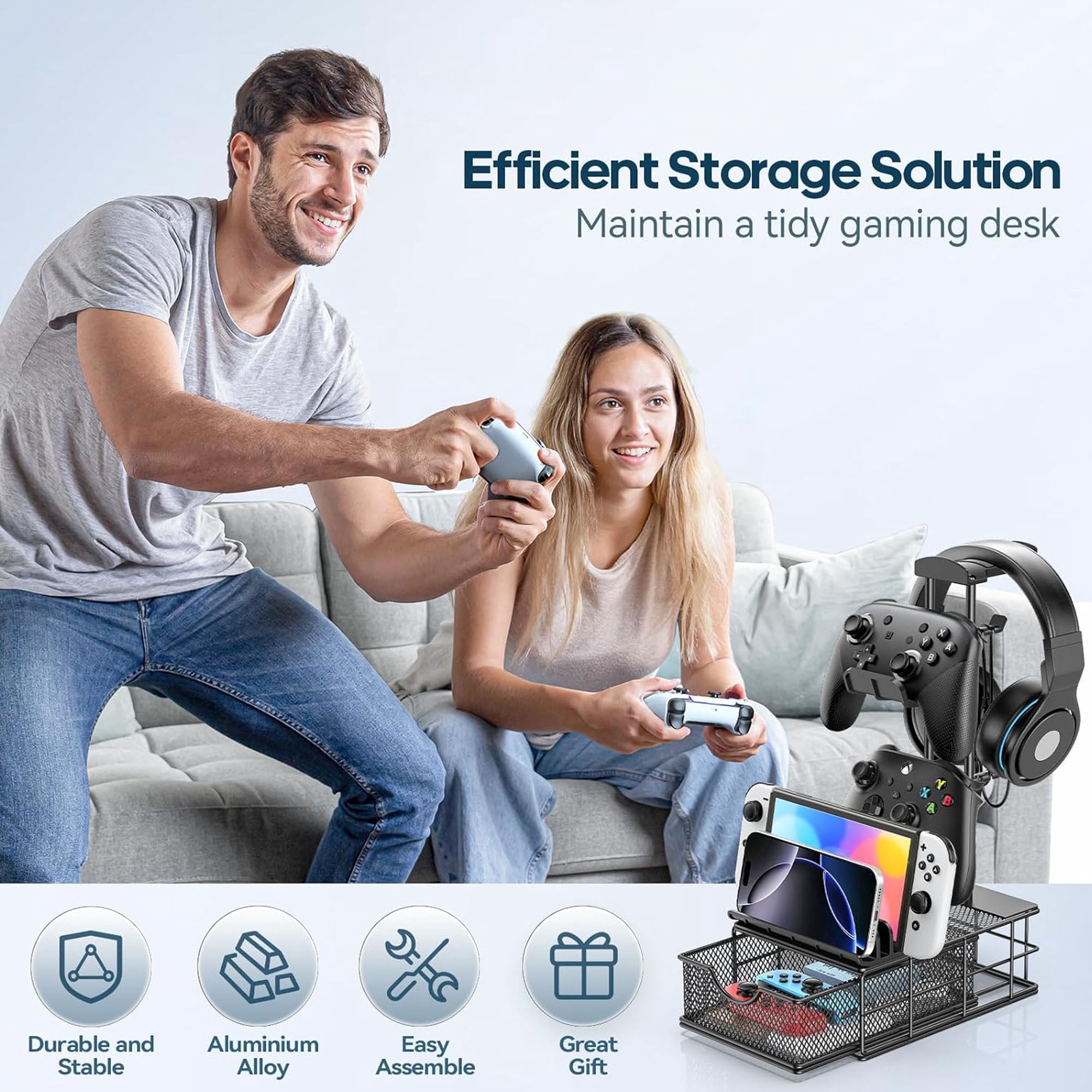 KDD Headphone Stand, Gaming Controller Holder, Desk Organizer Metal Headset Stand with Drawer Cable Organizer