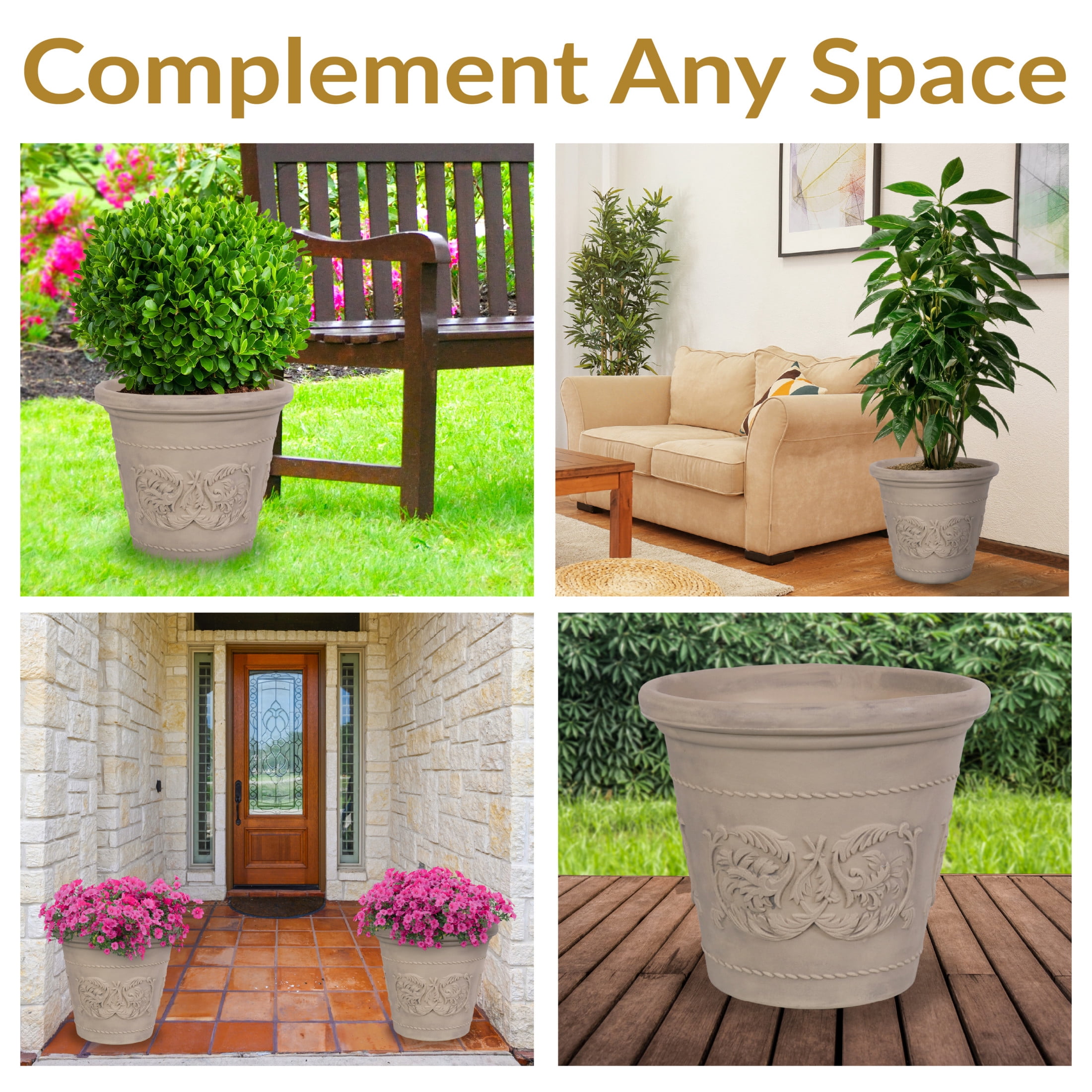 Sunnydaze Arabella 19.5" x 19.5" x 17.5" Round Beige Polyresin Outdoor Planter Pot