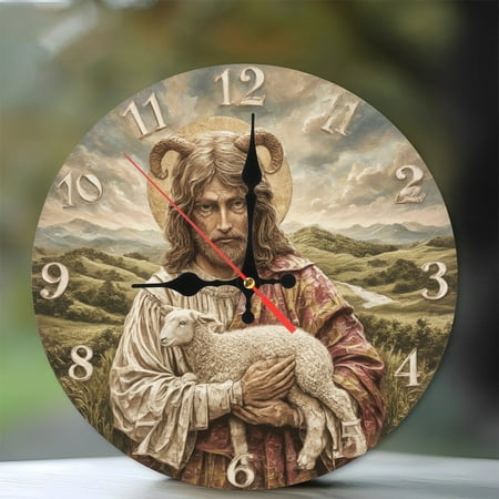 10-Inch Silent Wooden Wall Clock, Good Shepherd Wall Clock Religious Lamb Jesus Christ Art Silent Non-Ticking Clock, Battery Operated (AA Batteries Not Included), Artistic Home Decor