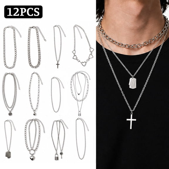 Chain Necklace for Men Women, 12 Pcs Silver Plated Stainless Steel Chains Necklaces, Cross Pendant Necklace Simple Jewelry Gifts