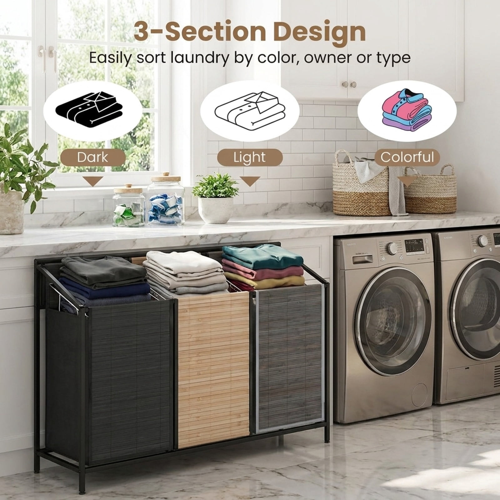 Vebreda 21.4-Gallon 3-Section Laundry Hamper with Lid & 2 Lockable Wheels, Rolling Clothes Hamper & Laundry Sorter with 3 Removable Liner Bags for Bathroom & Laundry Room