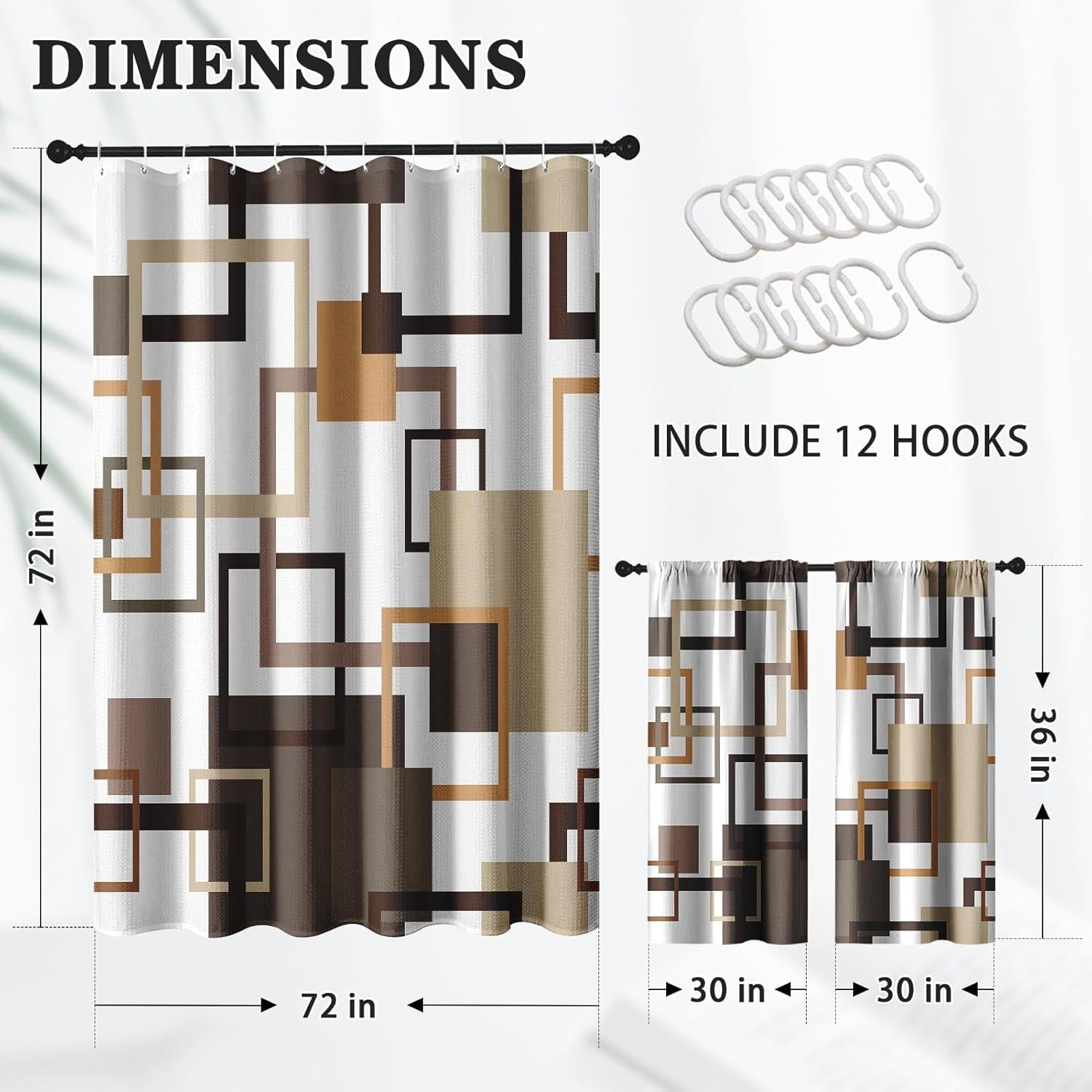 Vintage Brown Shower Curtain Set with Window Curtain, Royal Abstract Line Modern Bathroom Window Curtain with Waterproof Shower Curtain Set for Bathroom Decor