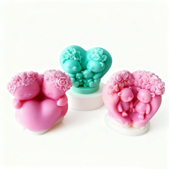 JDH 2PCS 3D Bear Mold Love Couple Rose Bear Candle Silicone Molds for Making Candle Resin Pillar Aromatherapy Gypsum Candles Wax Soap Flower Gypsum Ornament Decoration Valentine's Day Gift