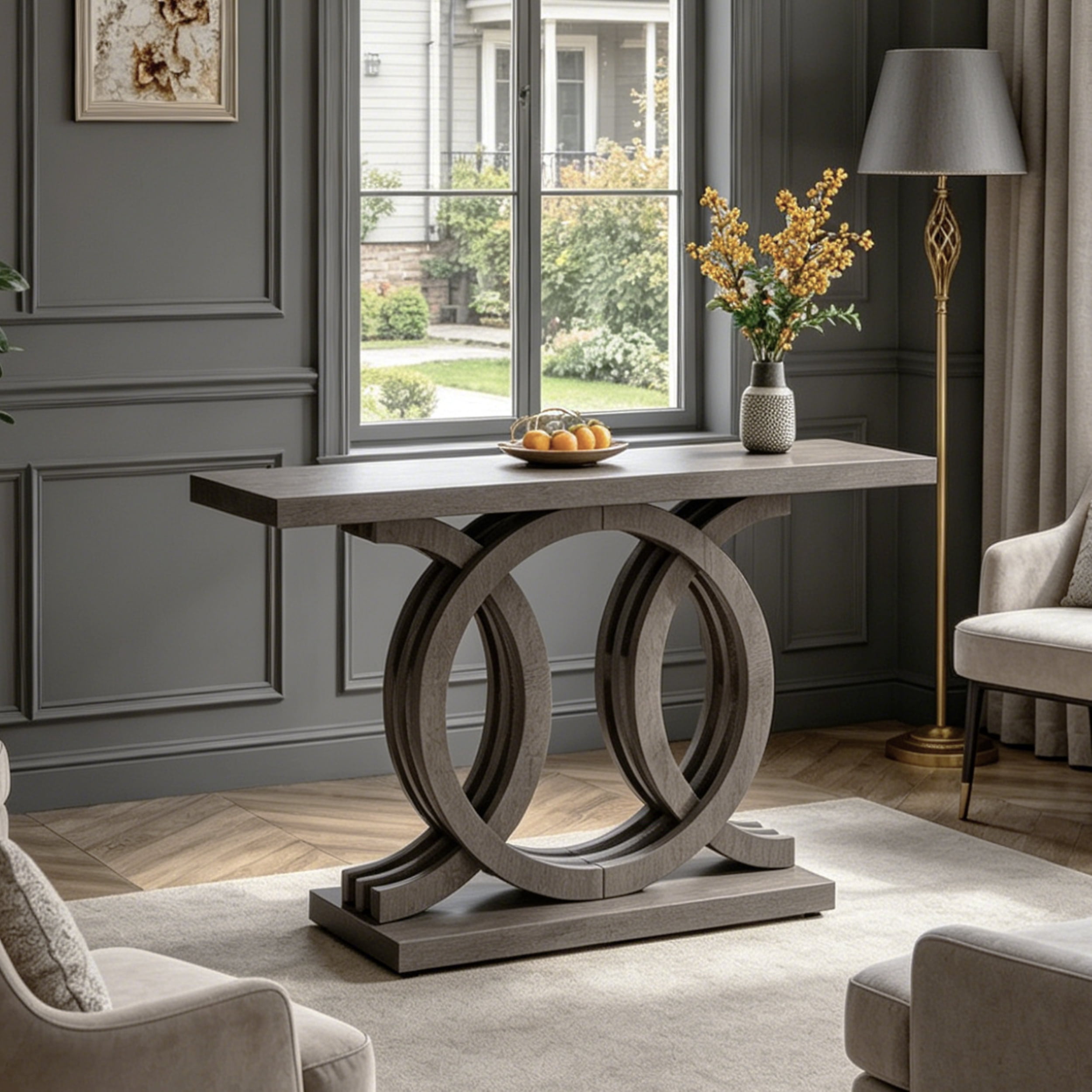 Fnova 55" Console Table with Geometric Base, Modern Wood Narrow Entryway Table Sofa Table for Living Room, Hallway, Foyer