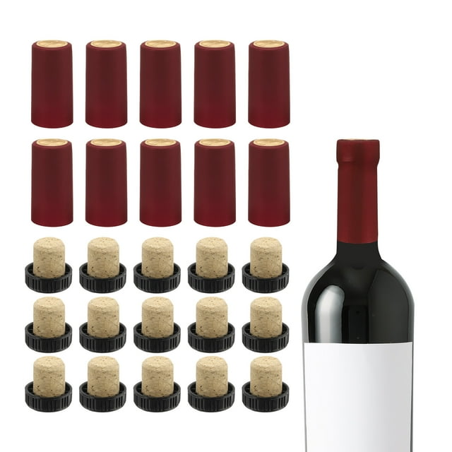 Uxcell 40Pcs Cápsulas Termocontraíbles con 40Pcs Tapones de Corcho para Vino, 30x60mm, Rojo