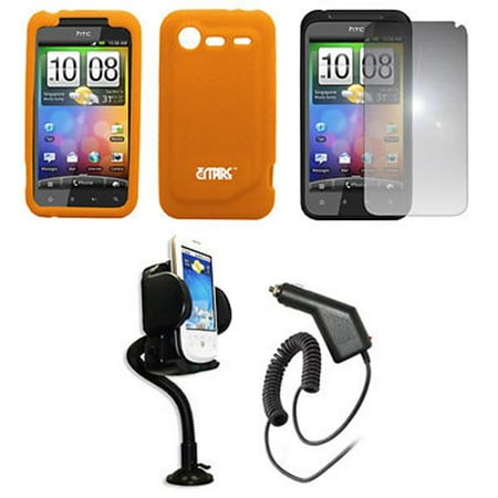 Empire Vents Mirror - EMPIRE Orange Silicone Skin Case Cover + 360 Degree Rotatable Car Windshield Mount with Air Vent Attachment + Mirror Screen Protector + Car Charger (CLA) for Verizon HTC Droid Incredible 2