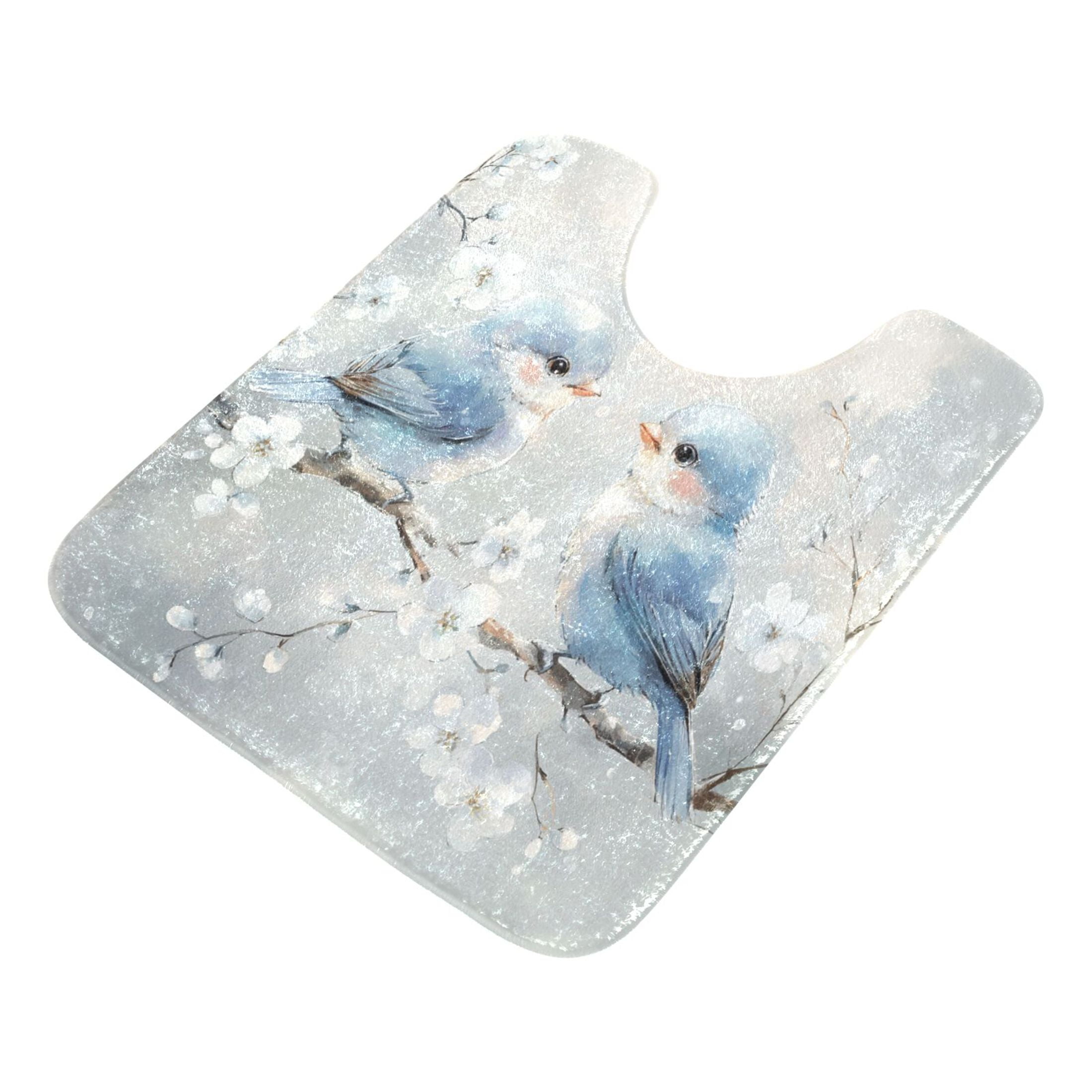 2 Piece Soft Bathroom Rug Set Cute Blue Birds Bath Mat and U-Shaped Toilet Contour Rug (16"x24"+20"x24")