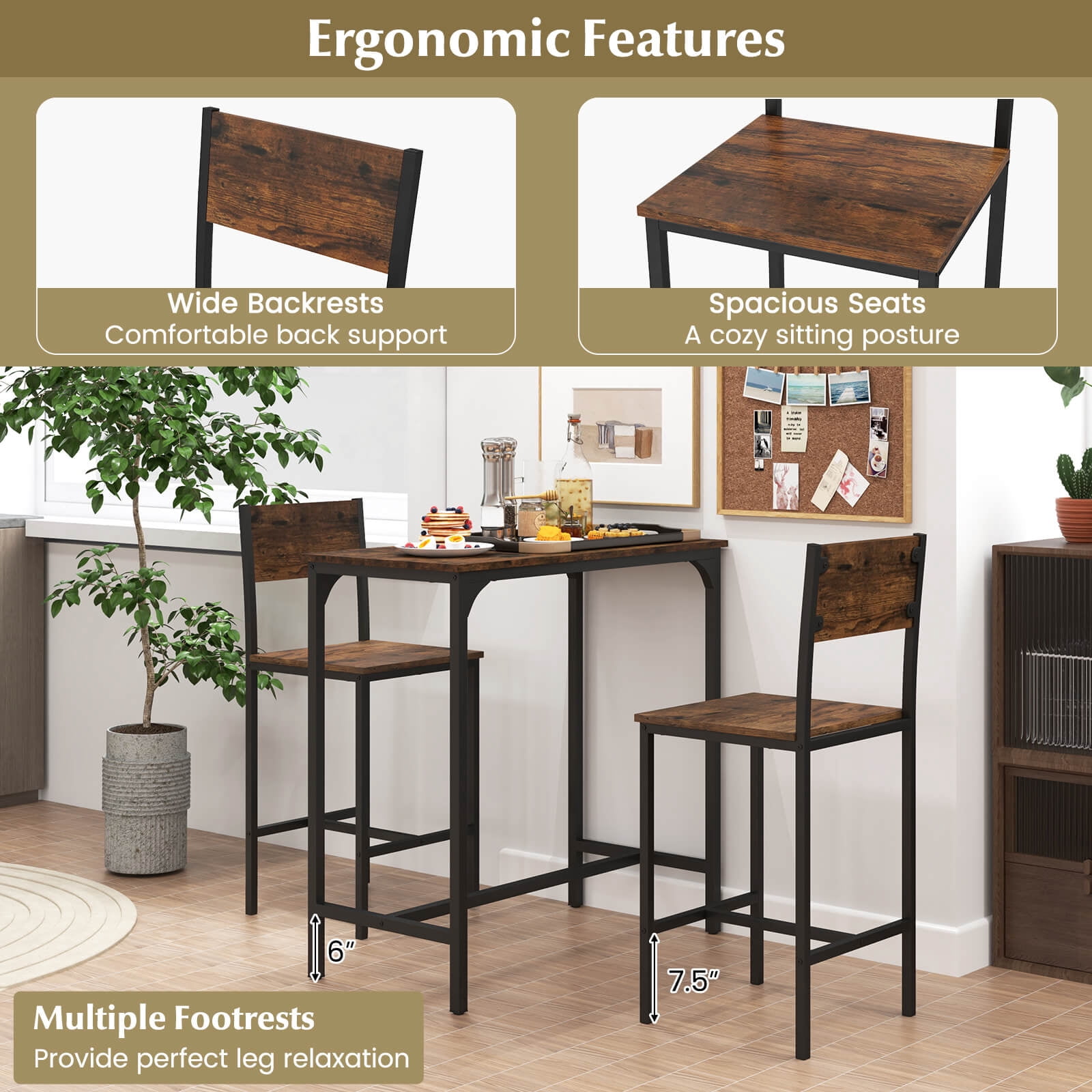 Costway 3 PCS Bar Table Set Pub Dining Table & 2 Bar Stools with Backrest & Footrest Brown