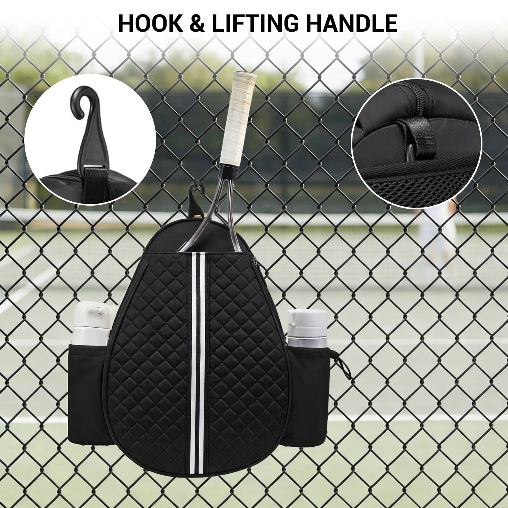 Tennis Sling Bag Racket Backpack, Quilted Sports Crossbody Bag for Tennis, Pickleball & Badminton, Waterproof Lightweight Racket Bag with Wet Pocket & Side Pockets, Black, 16.5 x 12.6 x 4.7inch