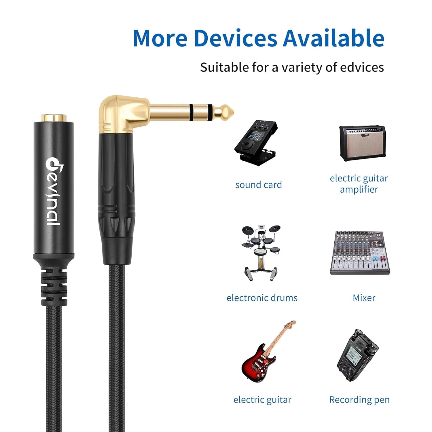 JJEAN-Right Angle 1/4 Inch TRS Male to 1/4 Inch TRS Female Cable, 6.35mm Stereo Headphone Guitar Extension Cord Adapter 3.3 FT 2 pcs