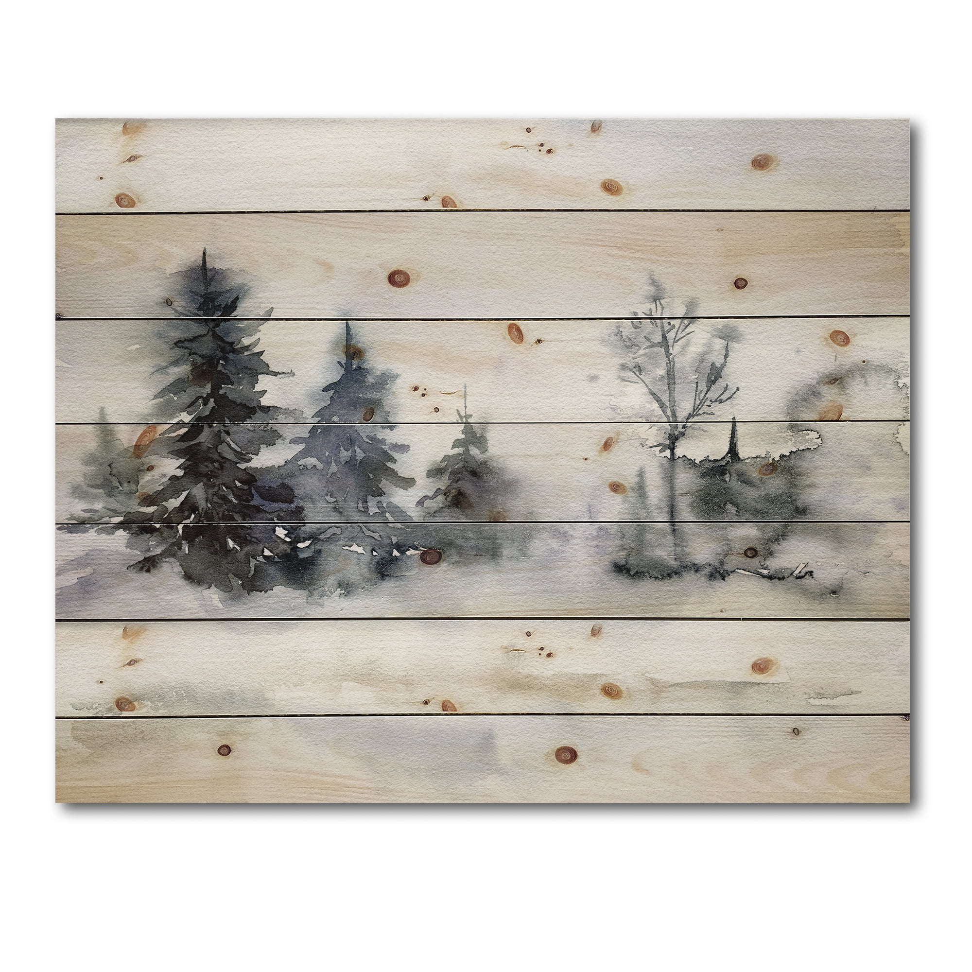 Designart 'Christmas Minimalistic Snow and Forest Landscape' Lake House Print on Natural Pine Wood