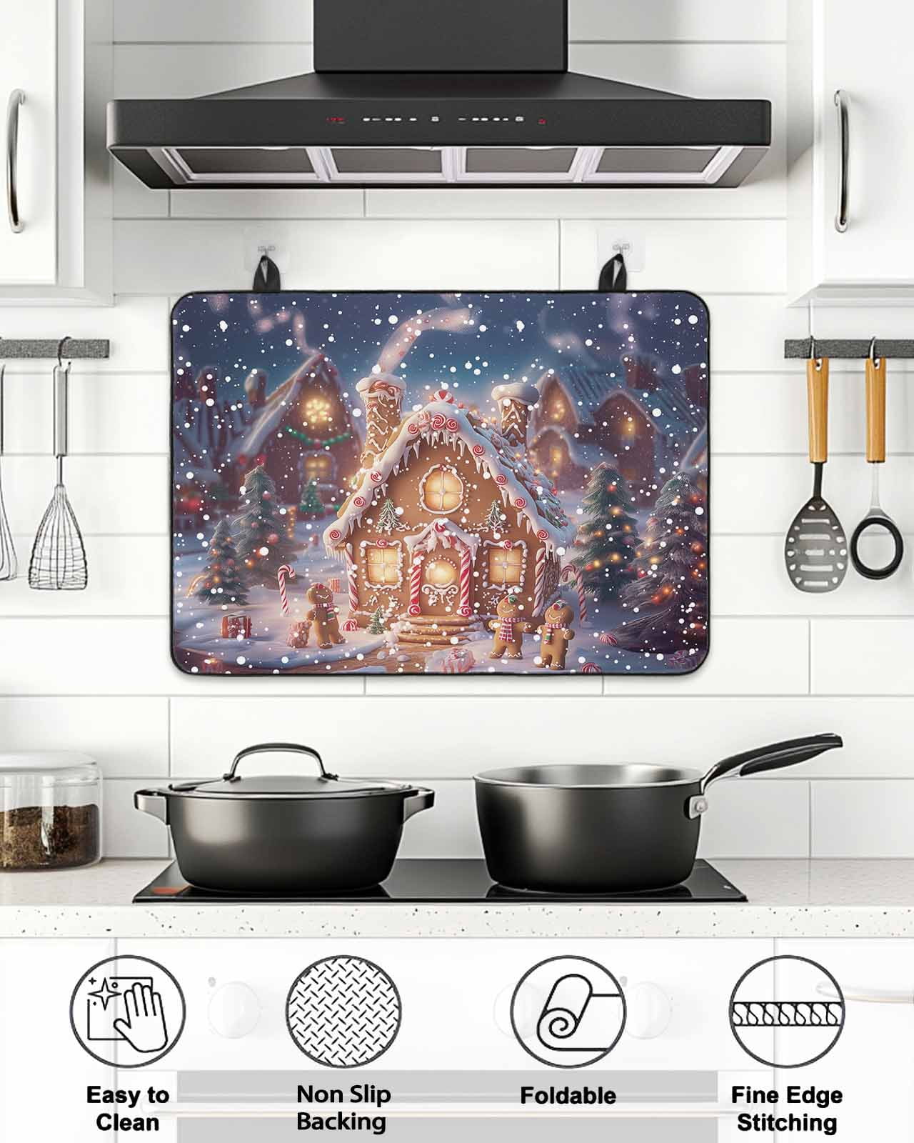 Merry Christmas Stove Top Covers for Electric Stove, 36'x21'' Gnome Santa Claus Snowflakes Border Glass Ceramic Stove Cover Foldable Rubber Mat Heat Resistant Cooktop Protector for Kitchen