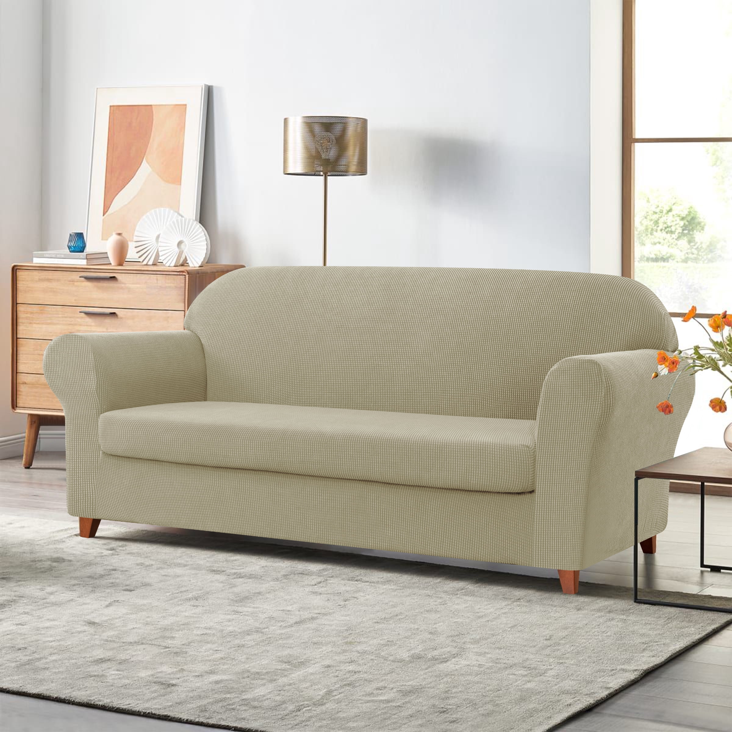 Subrtex Sofa Cover 1 Piece Slipcover with extra Stretch Cushion Seat Cover, Loveseat, Sand