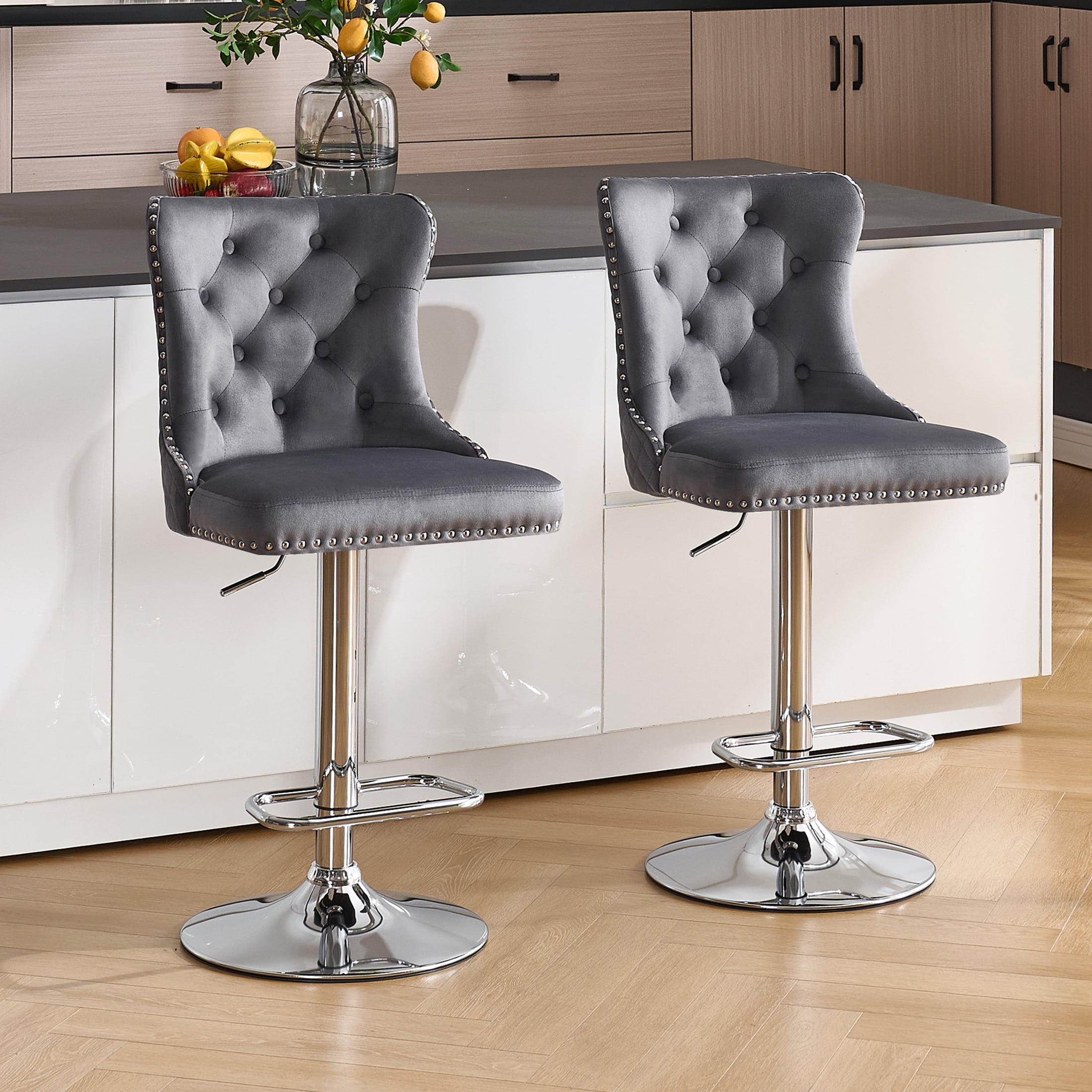 Velvet Bar Stools Set of 4 Modern Counter Height Bar Stools with Lion Pull Ring Tufted High Back, Nailhead Upholstered Barstools for Home Kitchen, Swivel Adjustable Stool Chair in Dark Grey