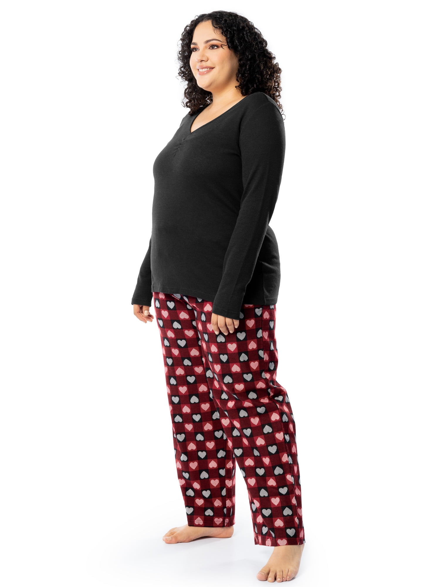Fruit of the Loom Women's Beyond Soft Long Sleeve Waffle Top and Flannel Bottom Pajama Set, Sizes S-4X