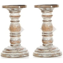 Hosley Set of 2, White Wash Wooden 8 Inch High Pillar Candle Holder