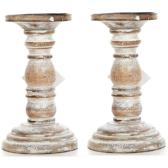 Hosley Set of 2, White Wash Wooden 8 Inch High Pillar Candle Holder
