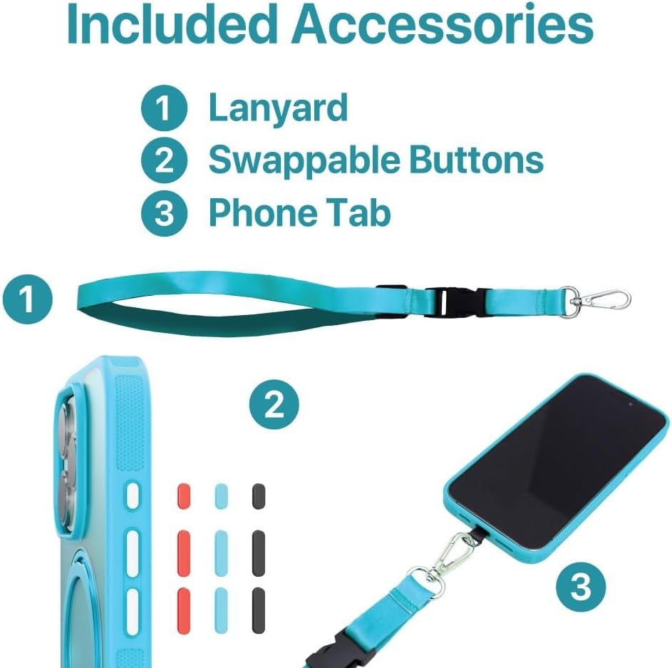 BLACK+DECKER 360°Spin Magnetic Stand for iPhone 16 Pro Case, Compatible with MagSafe Protective Stylish for iPhone 16 Pro Case for Women, Ostand Kickstand Rotatable, Lanyard, Extra Buttons, Blue