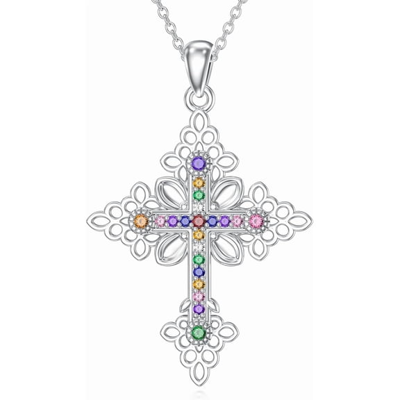 THOYAS Vintage Cross Necklace for Women 925 Sterling Silver Dainty Colorful Cubic Zirconia Cross Pendant Necklace Christmas Anniversary Jewelry Gift for Mom Wife Her