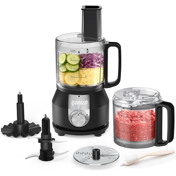 4-in-1 Food Processor, Dual 4-Cup Bowls, Slice, Shred, Mince, Whisk